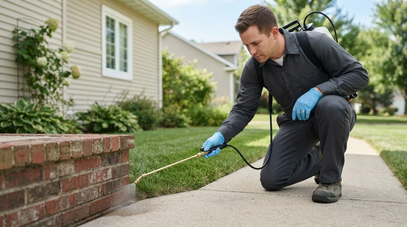 Pest control technician treating a home near Ravenna, OH