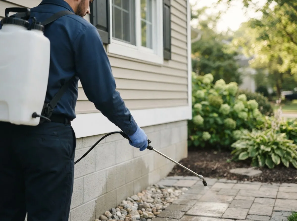 Pest control technician inspecting a home in Ravenna, OH